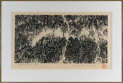 NAOKO MATSUBARA (Canada, 1937-), "Sylvan Snow"., Woodblock, dai oban yoko-e, 15" x 25" sight. Framed
