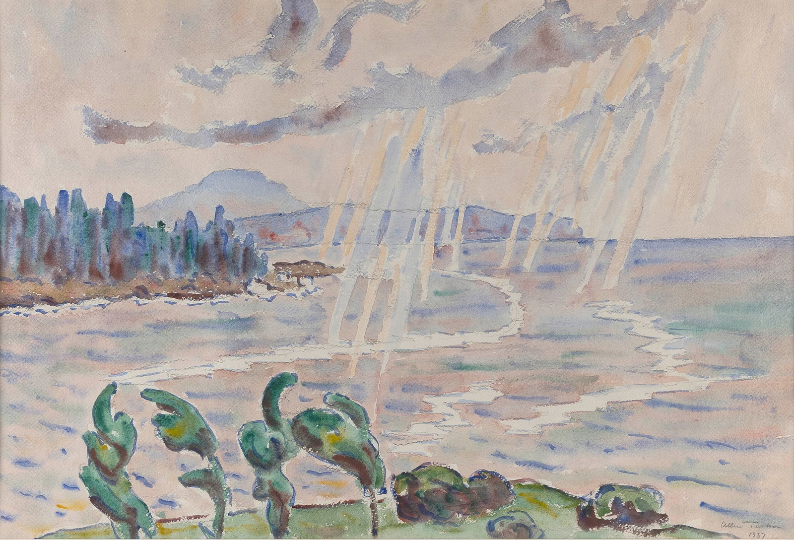 ALLEN TUCKER   New York, 1866-1939  Rain over cove, 1937. Signed and dated lower right "Allen