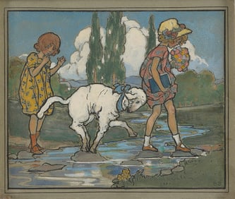 MANNER OF JESSIE WILCOX SMITH 20th Century Two girls and their sheep crossing a stream. Signed