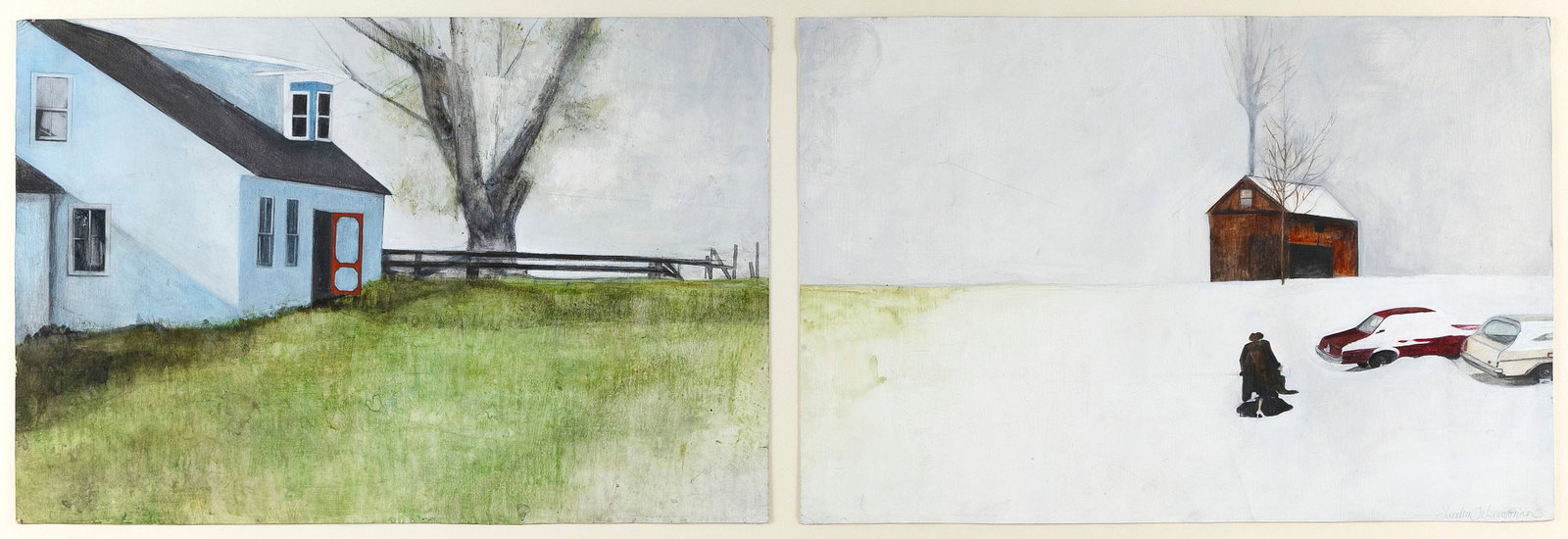 SANDRA JEKNAVORIAN Connecticut/Massachusetts, 1974- Two seasons: Spring and Winter, 1991. Signed: SANDRA JEKNAVORIAN Connecticut/Massachusetts, 1974- Two seasons: Spring and Winter, 1991. Signed and dated lower right of winter scene. Housed together in a common frame. Mixed medias on paper, sheets