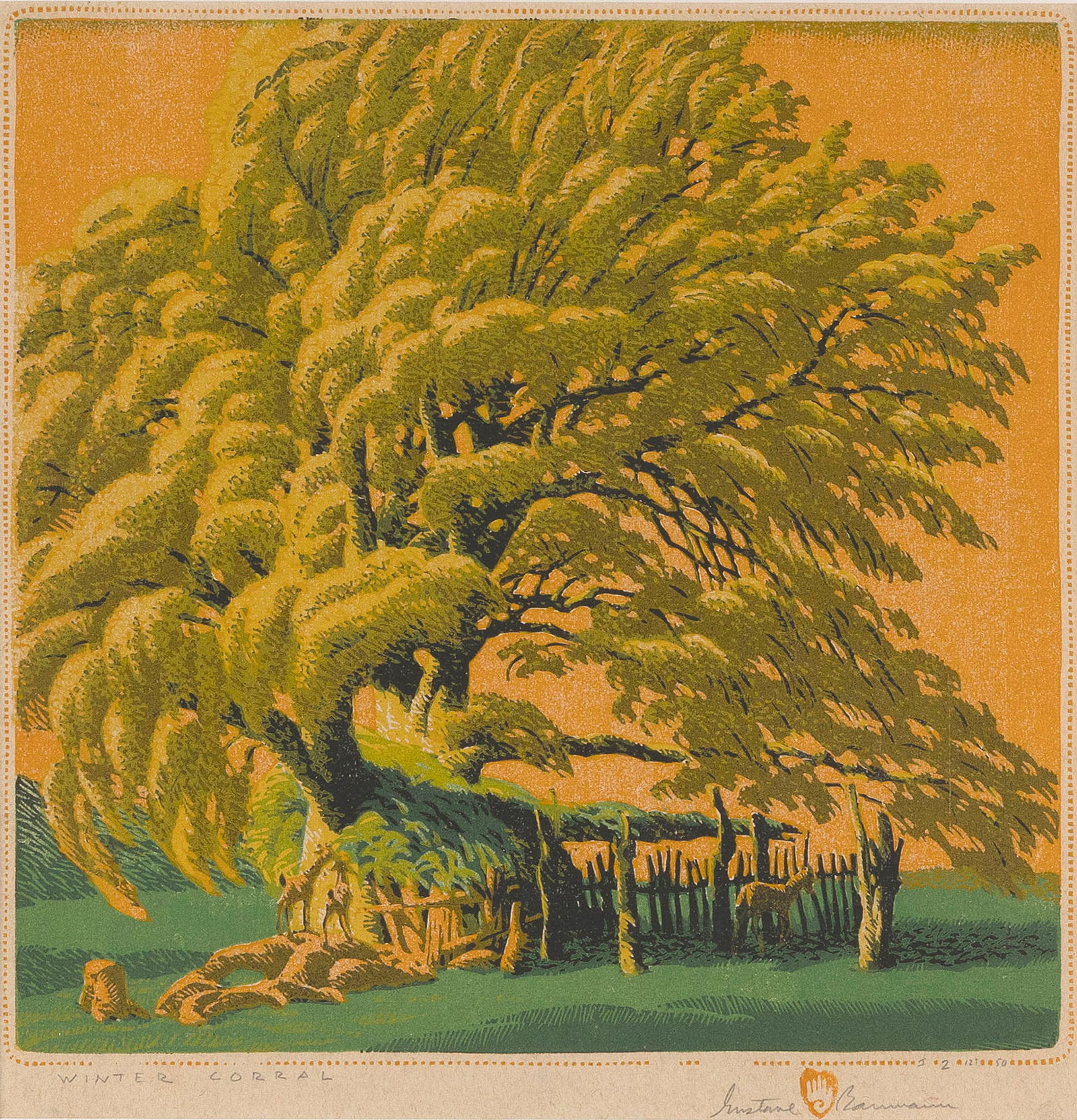 GUSTAVE BAUMANN   New Mexico/California, 1881-1971  "Winter Corral", circa 1940. Signed, titled and (1 of 3)