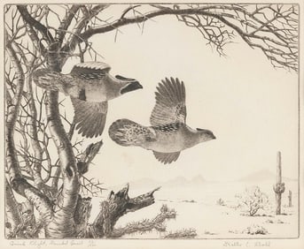 WALTER E. BOHL Illinois, 1907-1990 "Quick Flight, Gambel Quail". Signed, titled and numbered