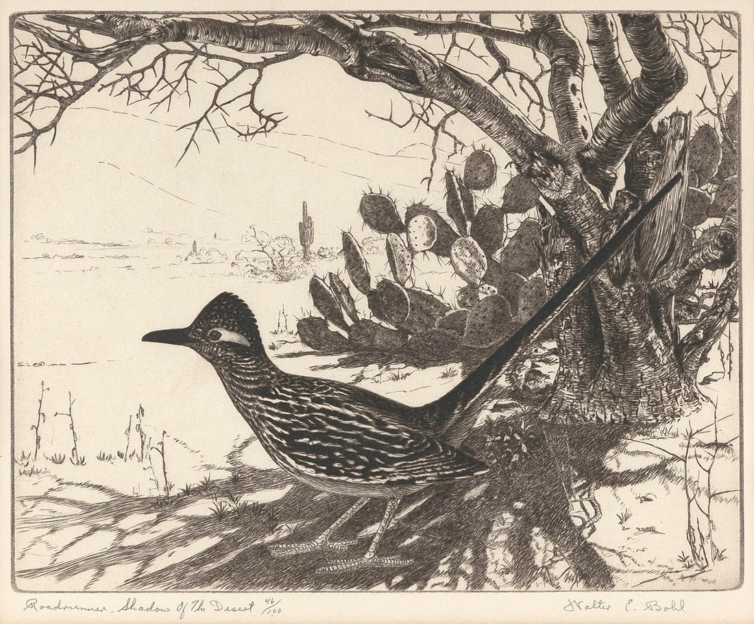 WALTER E. BOHL   Illinois, 1907-1990  "Roadrunner, Shadow of the Desert". Signed, titled and (1 of 3)