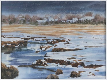 KAROL B. WYCKOFF Massachusetts, 20th/21st Century Cape Cod village from across a snowy marsh.