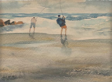 SCENE OF TWO SURFCASTERS Contemporary Signed lower left. Watercolor on wove paper, 4.25" x 5.75"
