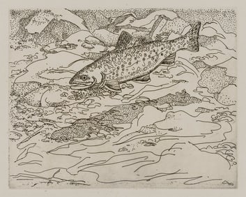 NEIL GAVIN WELLIVER Maine, 1929-2005 Swimming brook trout, 1973. Unsigned. Most likely a proof