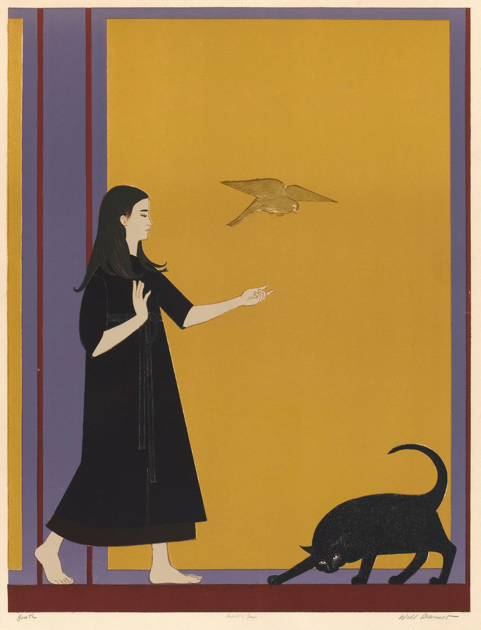 WILL BARNET Massachusetts/New York, 1911-2012 "Youth", 1970. An artist's proof (aside from the: WILL BARNETMassachusetts/New York, 1911-2012"Youth", 1970. An artist's proof (aside from the edition of 100). Signed, titled and inscribed "Artist's Imp" in pencil lower margin.Color lithograph, sheet