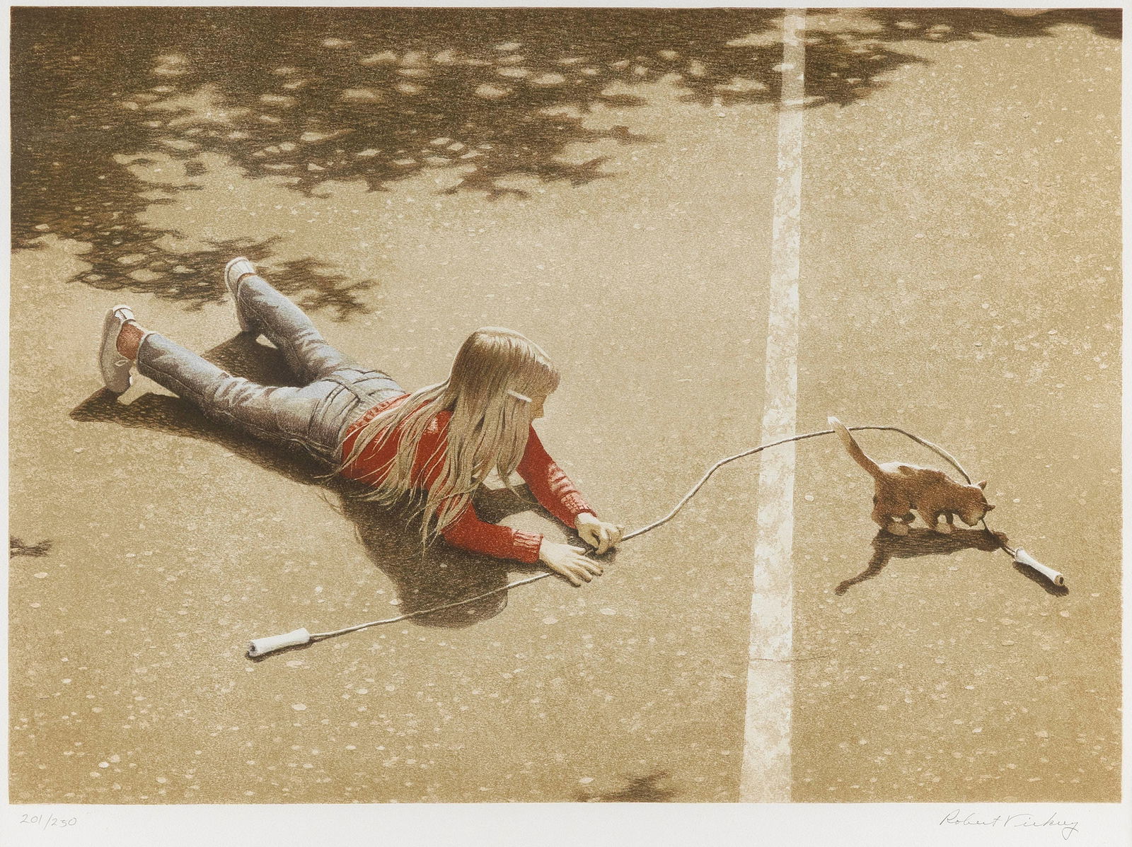 ROBERT REMSEN VICKREY Massachusetts/Florida/New York, 1926-2011 Girl, cat and jump rope. Signed: ROBERT REMSEN VICKREYMassachusetts/Florida/New York, 1926-2011Girl, cat and jump rope. Signed and numbered 201/250 in pencil lower right.Color lithograph, 20" x 26" sight. Framed 28" x 34".
