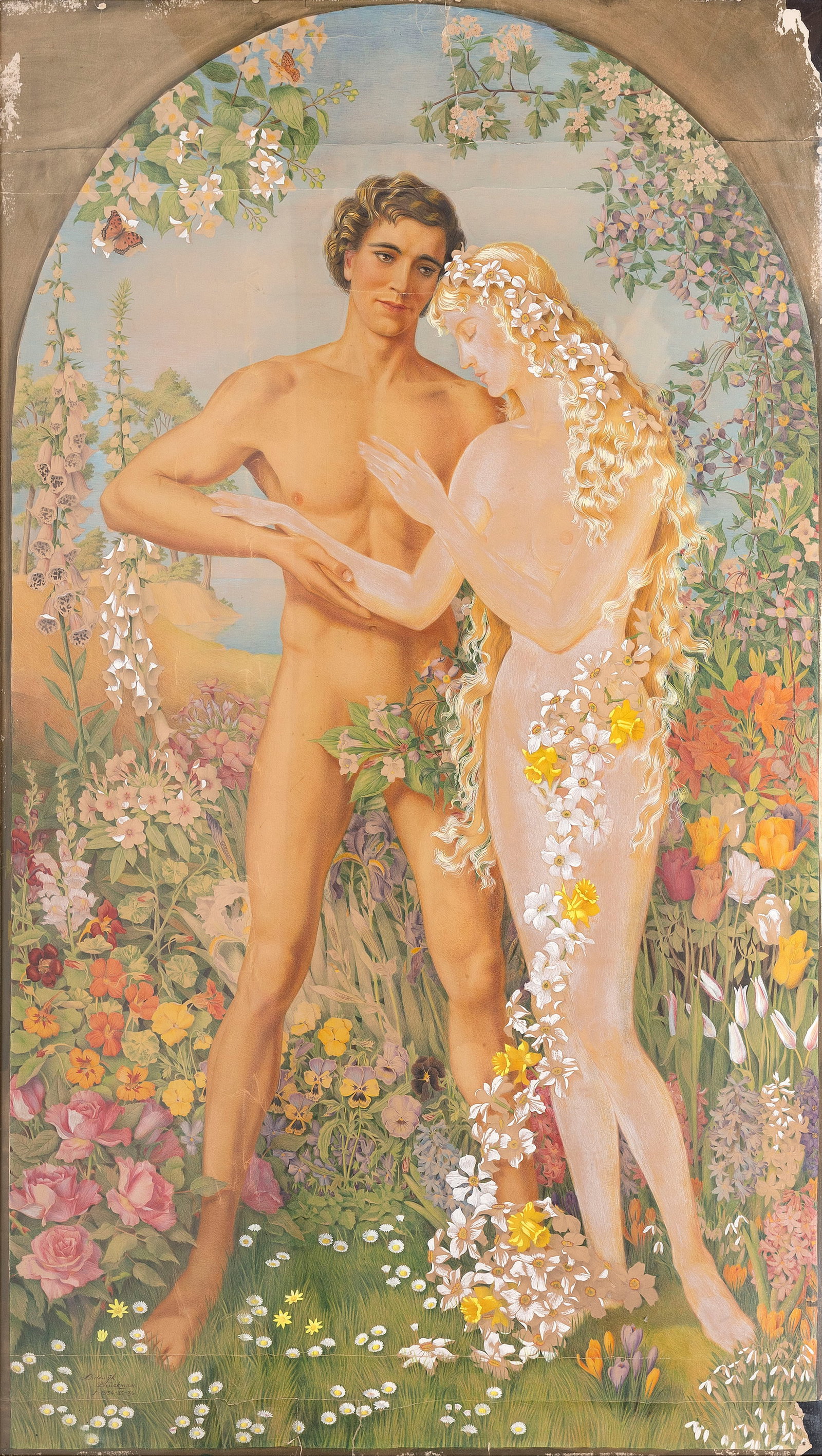 LODEWIJK KAREL BRUCKMAN Netherlands/United States/Mexico, 1903-1955 Adam and Eve, 1934-1936.: LODEWIJK KAREL BRUCKMAN Netherlands/United States/Mexico, 1903-1955 Adam and Eve, 1934-1936. Signed and dated lower left "Lodewijk Bruckman 1934-35-36". Mixed media, 76" x 45". Framed 80" x 49".
