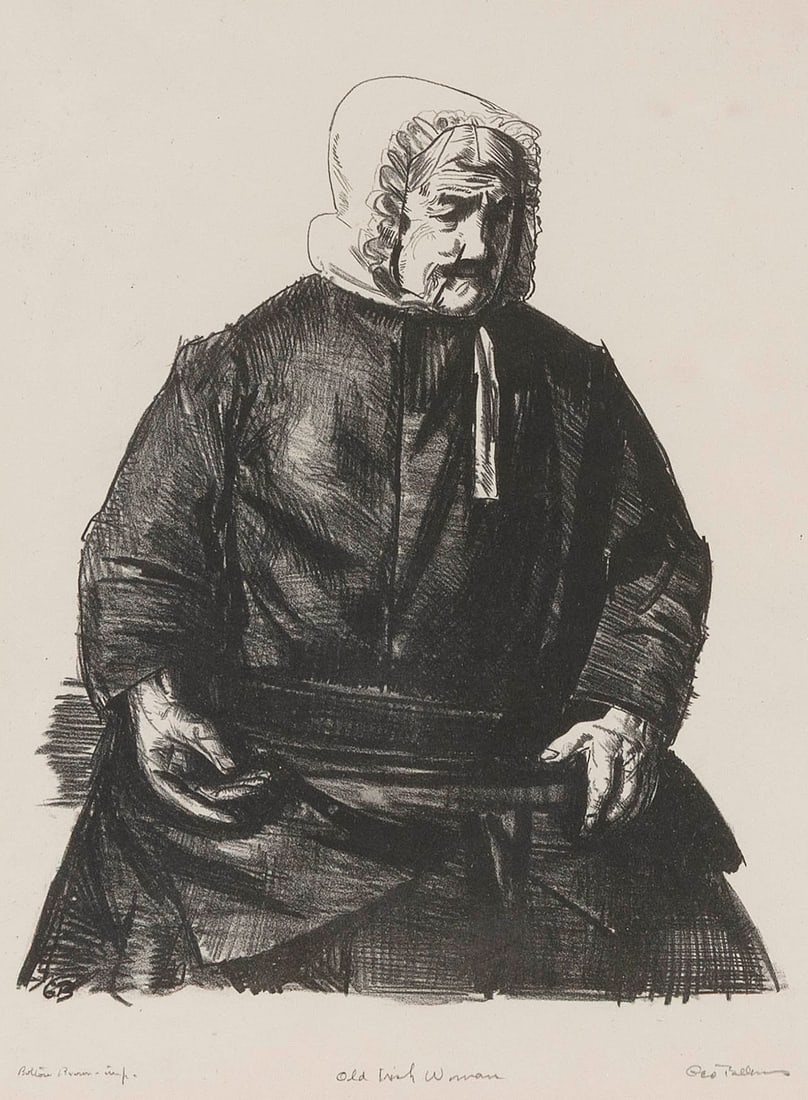 GEORGE WESLEY BELLOWS New York/Ohio, 1882-1925 "Old Irish Woman", 1924. Printed by Bolton Brown,: GEORGE WESLEY BELLOWSNew York/Ohio, 1882-1925"Old Irish Woman", 1924. Printed by Bolton Brown, New York. Signed, titled and inscribed "Bolton Brown imp" in pencil lower margin.Lithograph, 9.5" x 7.5".