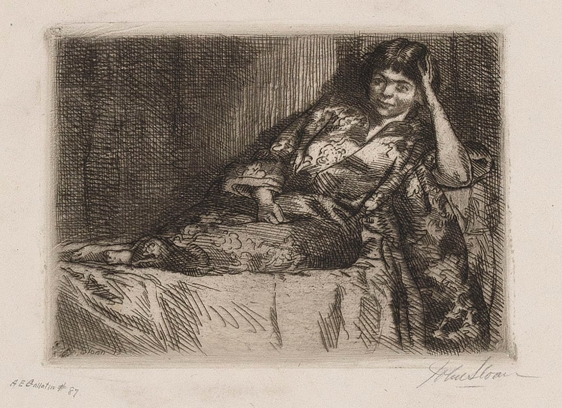 JOHN FRENCH SLOAN New York/New Mexico/New Hampshire, 1871-1951 "Girl in Kimono", 1913. Printed: JOHN FRENCH SLOANNew York/New Mexico/New Hampshire, 1871-1951"Girl in Kimono", 1913. Printed by the artist. Edition of 45 (from an intended edition of 100). Signed in pencil lower right and inscribed
