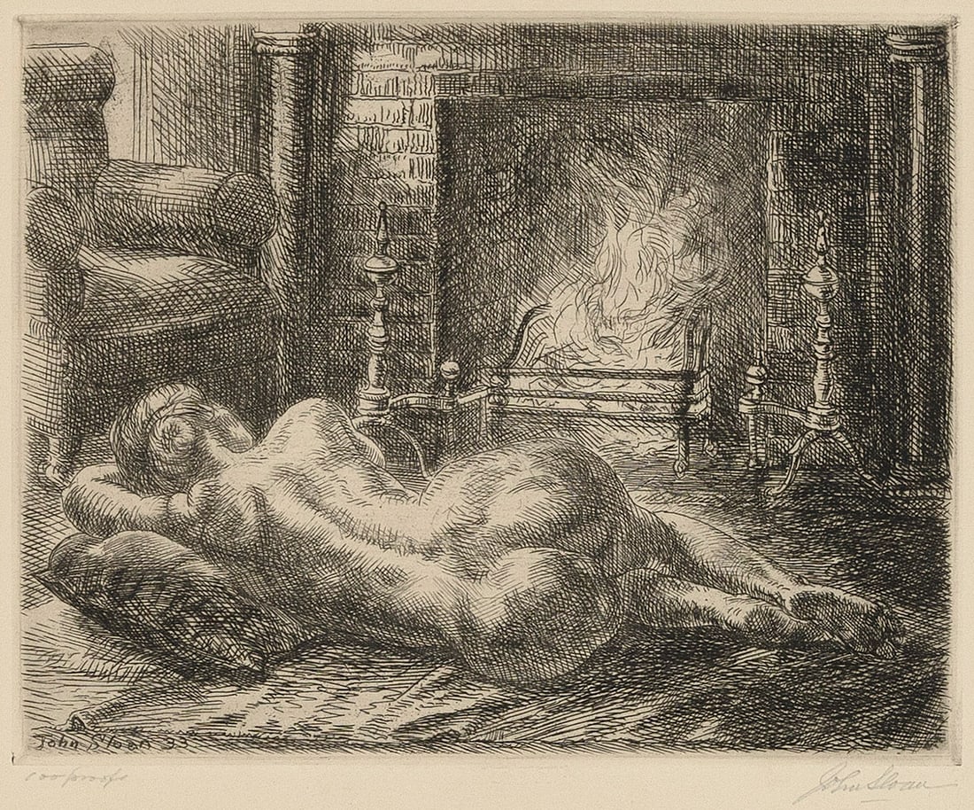 JOHN FRENCH SLOAN New York/New Mexico/New Hampshire, 1871-1951 "Nude on Hearth", 1933. Second: JOHN FRENCH SLOANNew York/New Mexico/New Hampshire, 1871-1951"Nude on Hearth", 1933. Second state (of 2). Edition of 75 (from an intended edition of 100). Signed, titled and inscribed "100 proofs" in