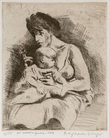 RAPHAEL SOYER New York, 1899-1987 Mother with child on lap. Signed, numbered 9/55 and dedicated