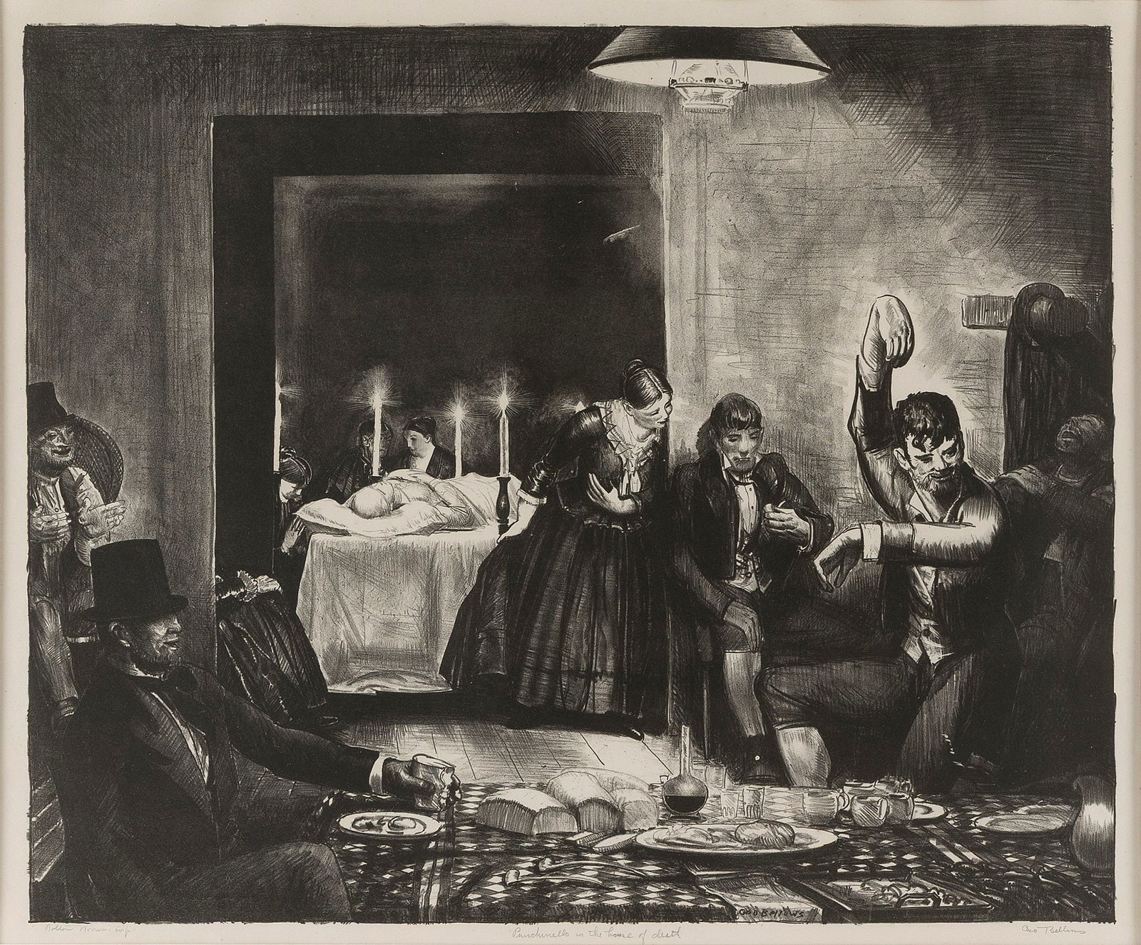 GEORGE WESLEY BELLOWS New York/Ohio, 1882-1925 "Punchinello in the House of Death", 1923. Signed: GEORGE WESLEY BELLOWSNew York/Ohio, 1882-1925"Punchinello in the House of Death", 1923. Signed and titled in pencil lower margin. From The Wind Bloweth. Mason 151.Lithograph, 16" x 19.5". Framed 24" x