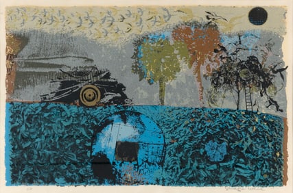 SHRAGA WEIL Israel, 1918-2009 Orchard with Old Truck and Trailer. An artist's proof. Signed and