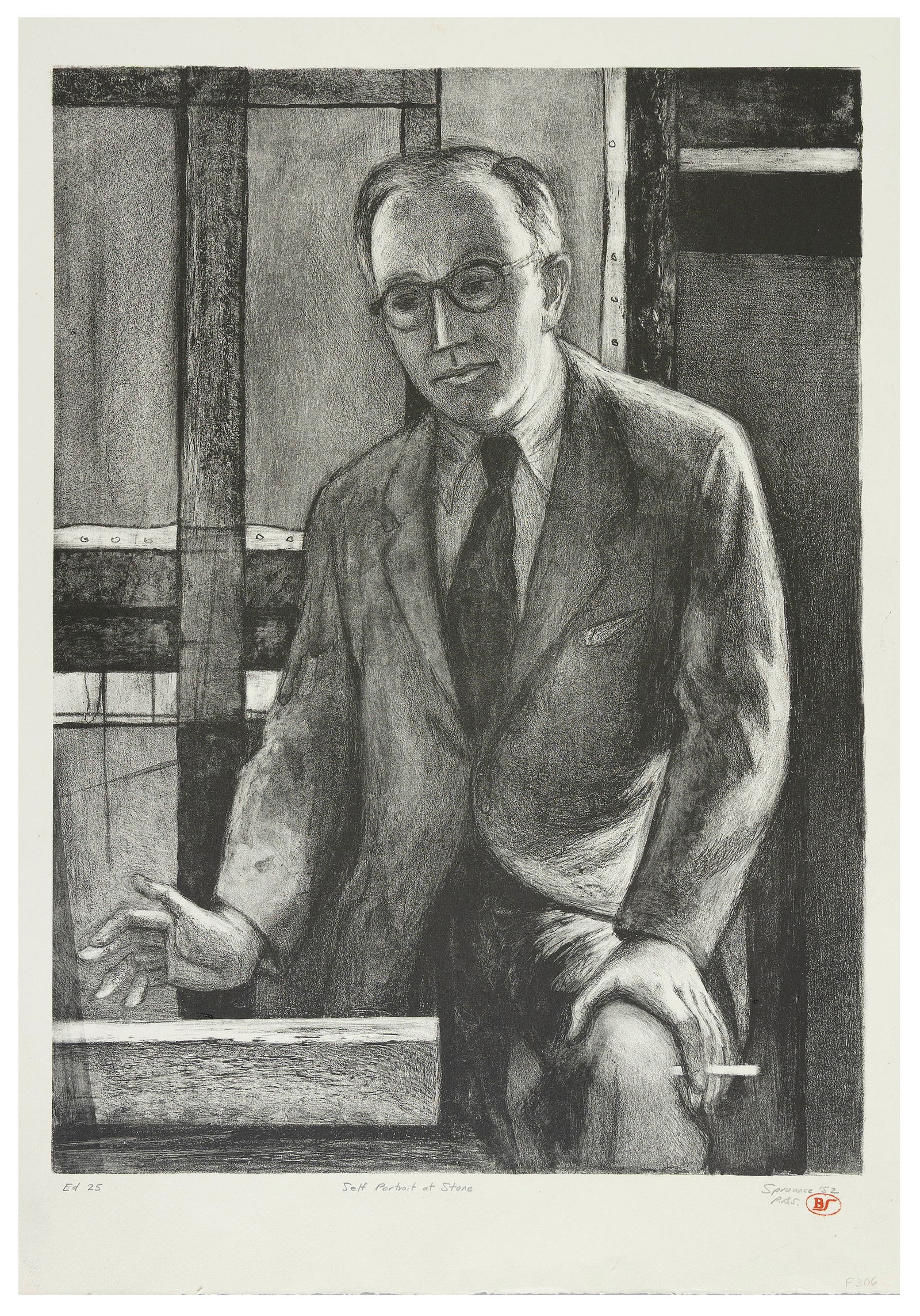 BENTON MURDOCH SPRUANCE   Pennsylvania, 1904-1967  "Self Portrait at Stone", 1952. Estate signed, (1 of 1)