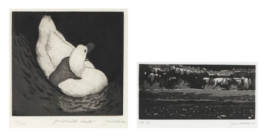 JOYCE GARDNER ZAVAROSKAS Massachusetts, 1945- Two views: 1) "Gristmill Duck". Signed, titled and