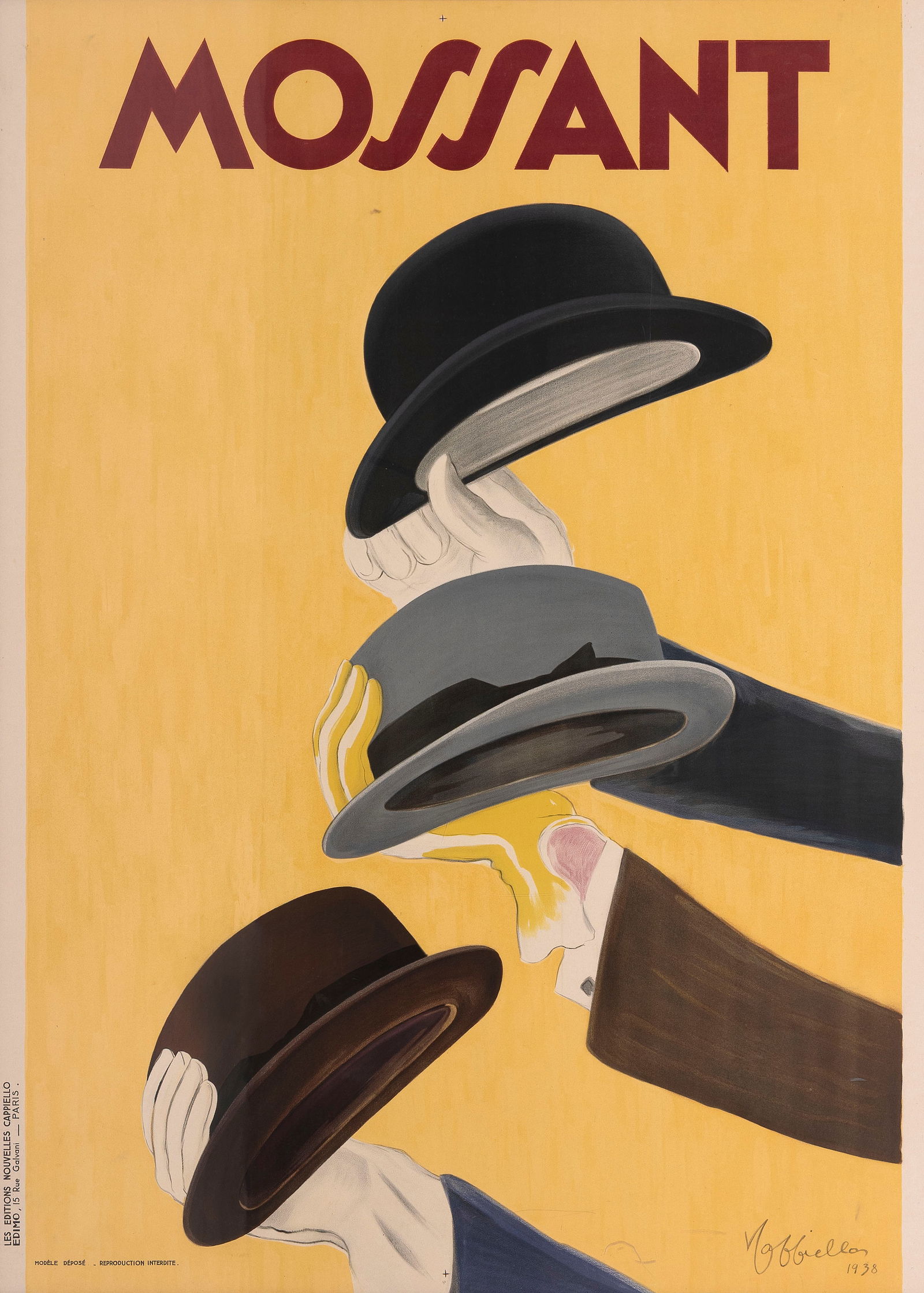 LEONETTO CAPPIELLO   France, 1875-1942  "Mossant", 1938. Depicts hats produced by the Mossant (1 of 3)