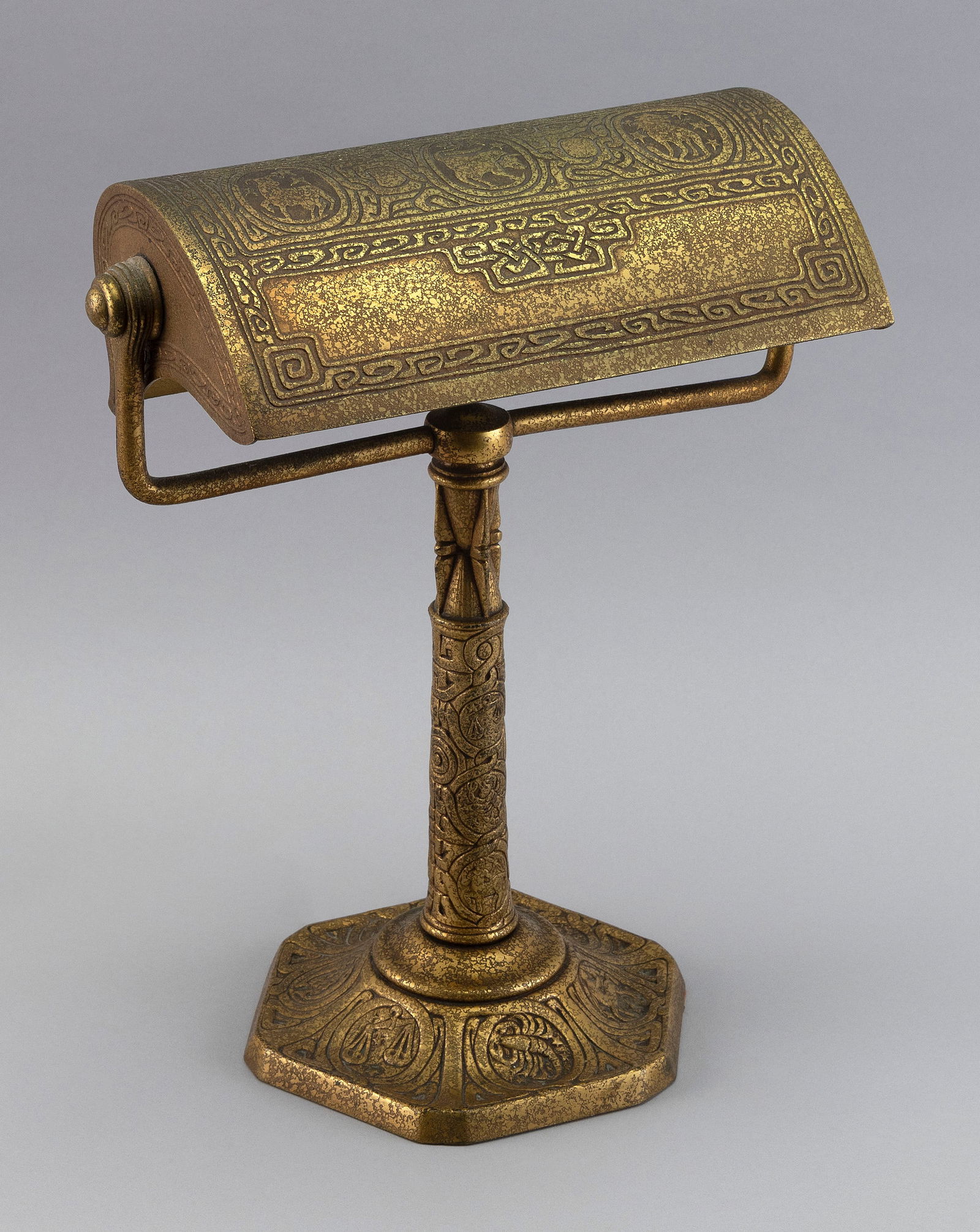 TIFFANY STUDIOS "ZODIAC" BRONZE DESK LAMP New York, Early 20th Century Height 13.25". Shade width (1 of 7)