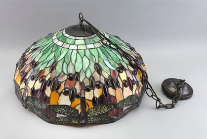 LEADED GLASS LAMPSHADE, Contemporary Height 16.75". Diameter 20.75".