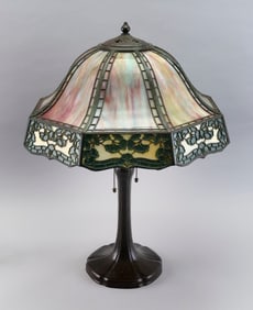 HANDEL BRONZE TABLE LAMP WITH RAINBOW SLAG GLASS SHADE Connecticut, Early 20th Century Height 22".