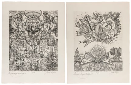 JULIANA SERAPHIM (Lebanon, 1934-2005), Two Surrealist works:, Etchings, sheets 26" x 19.75".