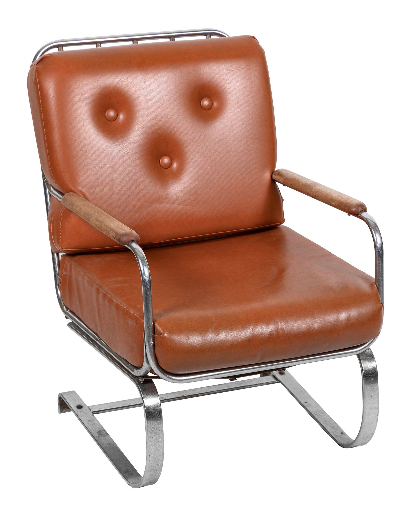 KEM WEBER (GERMANY/AMERICA, 1889-1963) FOR LLOYD MANUFACTURING "SPRINGER" CHAIR America, Circa 1930: KEM WEBER (GERMANY/AMERICA, 1889-1963) FOR LLOYD MANUFACTURING "SPRINGER" CHAIRAmerica, Circa 1930Chromed metal with vinyl or leather upholstery and wood arm rests. Remnants of Lloyd label on undersid