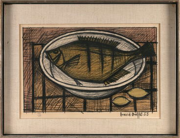 BERNARD BUFFET (France, 1928-1999), Poisson Sur on Plat., Lithograph on paper, 14" x 21" sight.