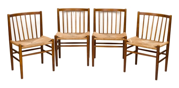 SET OF FOUR SIDE CHAIRS ATTRIBUTED TO FDB M?BLER Denmark, Circa 1960s Back heights 32". Seat heights