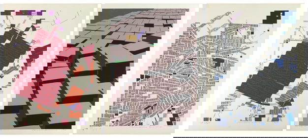 RISABURO KIMURA (Japan, 1924-2014), Three abstract city scenes:, Color screenprints, 25" x 19".