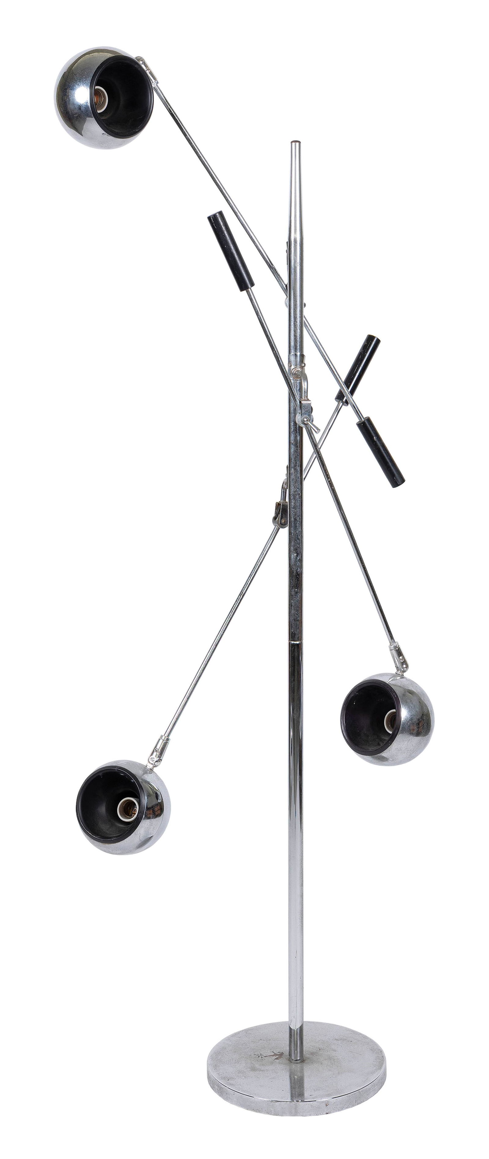 CHROME FLOOR LAMP IN THE STYLE OF ROBERT SONNEMAN "EYEBALL" 20th Century Height 63".: CHROME FLOOR LAMP IN THE STYLE OF ROBERT SONNEMAN "EYEBALL"20th CenturyThree adjustable arms with ball shades.Height 63".