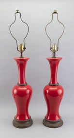 PAIR OF VINTAGE BRIGHT RED CERAMIC TABLE LAMPS 20th Century Base heights 23".