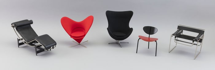 FIVE VITRA DESIGN MUSEUM MINIATURE CHAIRS 20th Century Heights from 3.75" to 7".
