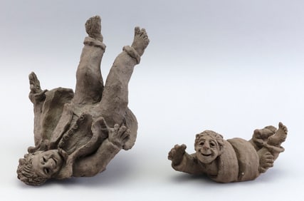 JERRY GEIER (Vermont, Contemporary), Two whimsical male figures., Terracotta, heights 9" and 4".