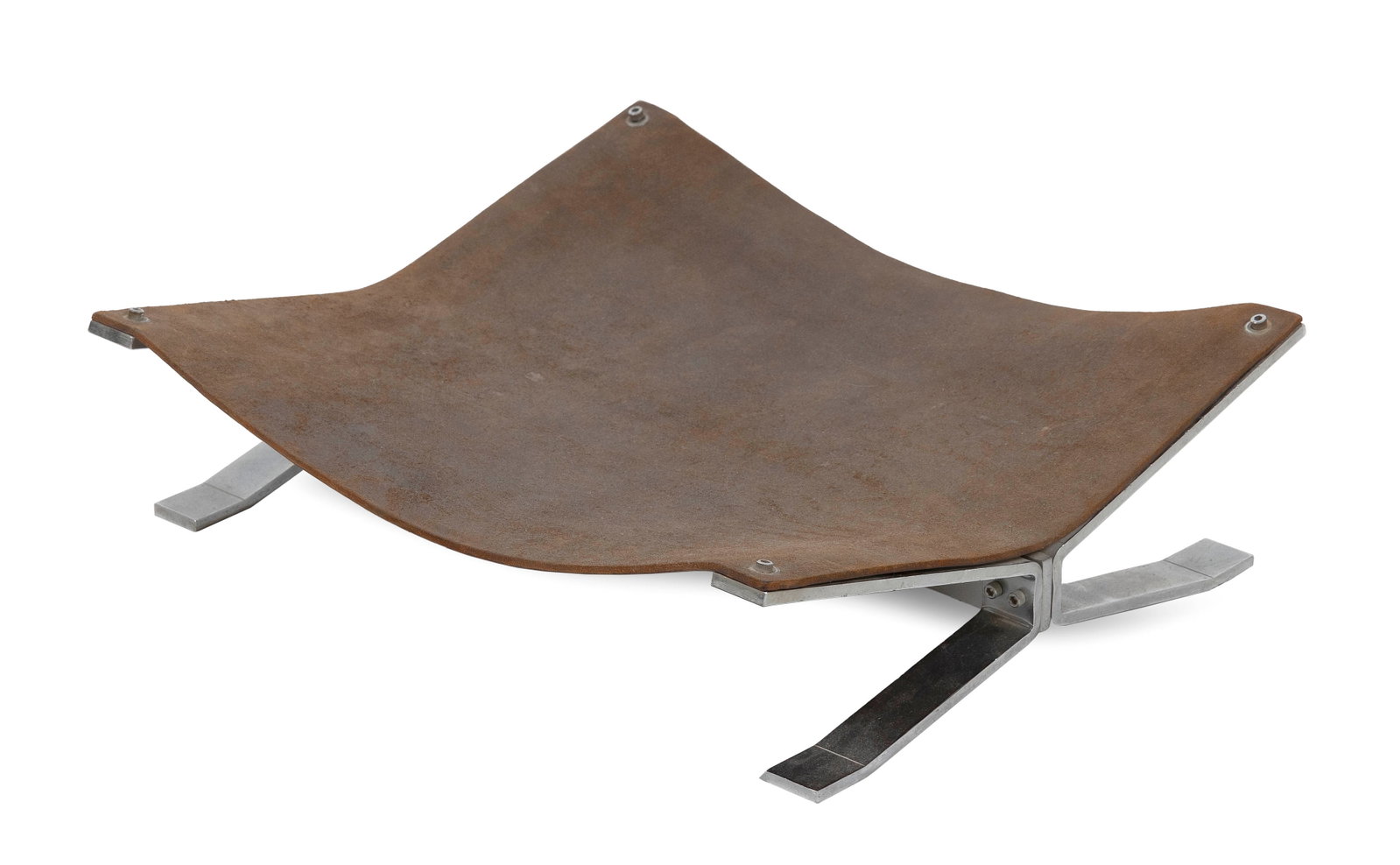 INDUSTRIALIST FOOTSTOOL Mid-20th Century Height 5". Width 18". Depth 16".: INDUSTRIALIST FOOTSTOOL Mid-20th Century Leather and steel. Height 5". Width 18". Depth 16".