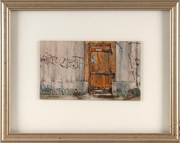 SHIRLEY RABE MASINTER (Louisiana, 1932-), Abandoned storefront with graffiti., Watercolor on board,