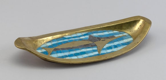 SALVADOR TERAN (Mexico, 1920-1974), Fish design tray., Brass and mosaic glass, length 12.5".