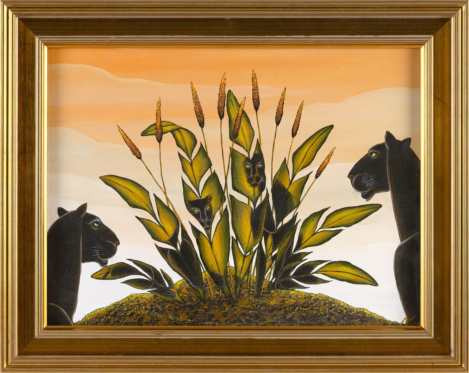 GUSTAVO NOVOA (New York/Chile/France, 1941-), "The Mirage"., Acrylic on canvas, 12" x 16". Framed: GUSTAVO NOVOANew York/Chile/France, 1941-"The Mirage". Depicts two jaguars and their reflections in a plant. Signed lower right. Titled and dated 2003 verso.Acrylic on canvas, 12" x 16". Framed 15.5"