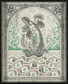 MARK WAGNER (America, 1971-), "Off Shore Accounts"., Collage of currency on panel, 24" x 18". Framed