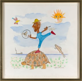 DEWEY DOUGLAS BLOCKSMA (Michigan, 1943-), Circus performer on the back of a tortoise., Watercolor on