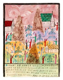 HOWARD FINSTER (Georgia/Alabama, 1916-2001), "Visions of Other World"., Mixed media on panel, 9" x