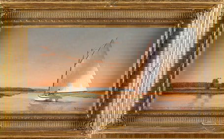 MICHAEL KEANE (Massachusetts, 1948-2015), "Dawn Sail"., Oil on canvas, 12" x 24". Framed 19" x
