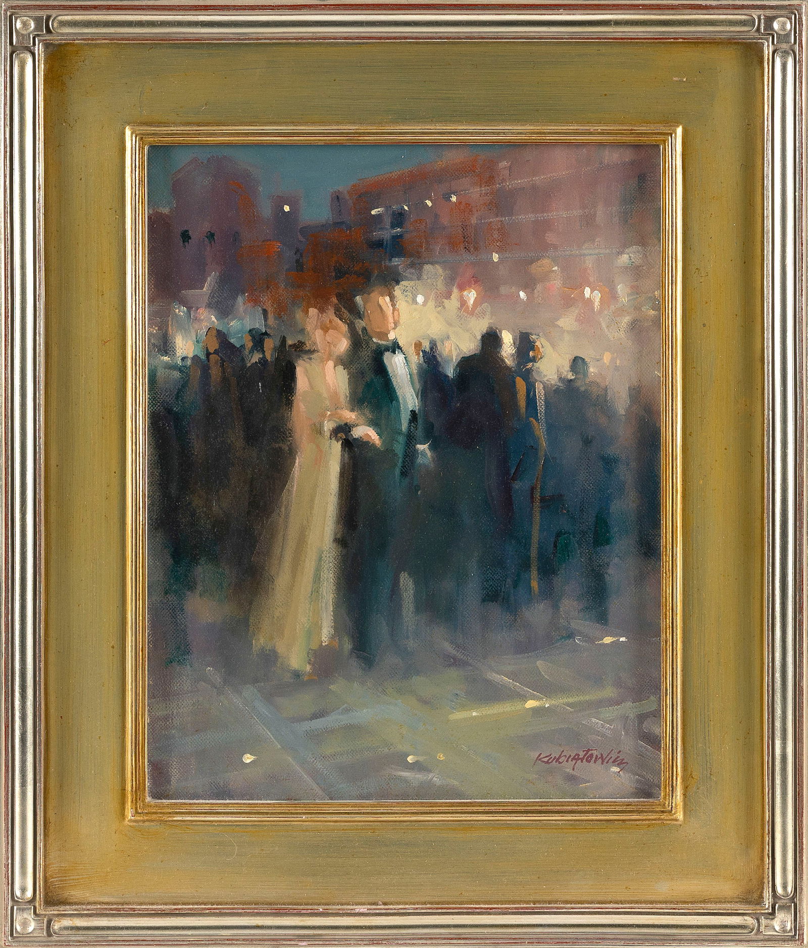 JAMES KUBIATOWICZ (Minnesota/Rhode Island, Contemporary), "Bringing in the New Year"., Oil on: JAMES KUBIATOWICZMinnesota/Rhode Island, Contemporary"Bringing in the New Year". Signed lower right "Kubiatowicz". Titled on Salmagundi Club label verso.Oil on canvas, 14" x 11". Framed 19" x 16".