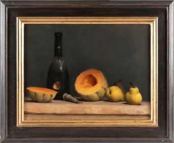HUNTER EDDY (Massachusetts/Italy, 1967-), Still life of pears and a halved melon or squash., Oil on