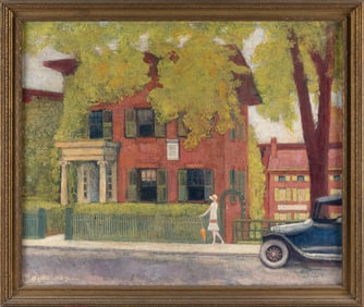 JAMES BRITTON (Connecticut, 1878-1936), A young woman walking past Edwin V. Mitchell Bookseller,