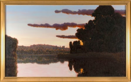 DONALD JURNEY (America, 1945-), "Evening: The Pond at Loudon"., Oil on canvas, 36" x 60". Framed 42"