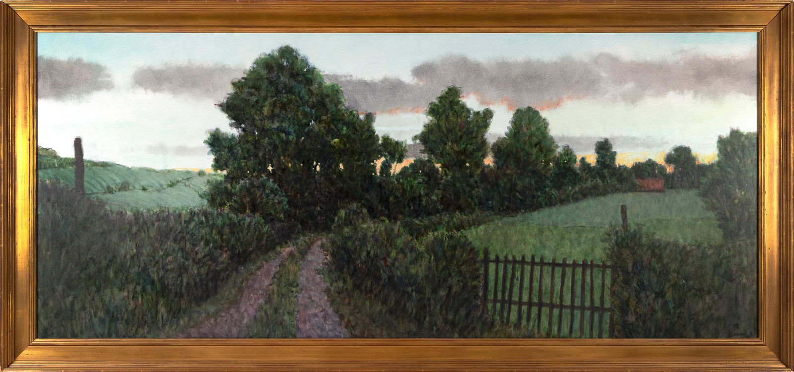DONALD JURNEY (America, 1945-), "A Lovely Evening Near Vallonges[sic]"., Oil on canvas, 30" x 72".: DONALD JURNEYAmerica, 1945-"A Lovely Evening Near Vallonges[sic]". Signed lower right "Jurney". Signed, titled and dated 1999 on stretcher verso.Oil on canvas, 30" x 72". Framed 36" x 78".