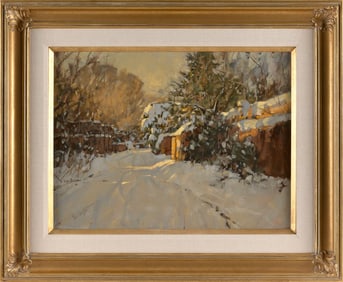 IRBY GRAVES BROWN (New Mexico/Texas, 1928-2016), Snow-covered lane., Oil on masonite, 18" x 24".