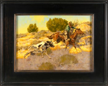 KIM MACKEY (Colorado, 1953-), "Dustup on the Rimrock"., Oil on canvas, 18" x 24". Framed 27.5" x