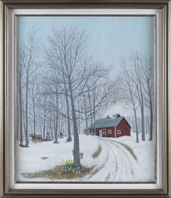 RODERICK WELLS (Vermont, 1931-2019), Path to the sugar house., Oil on board, 24" x 20". Framed 29" x